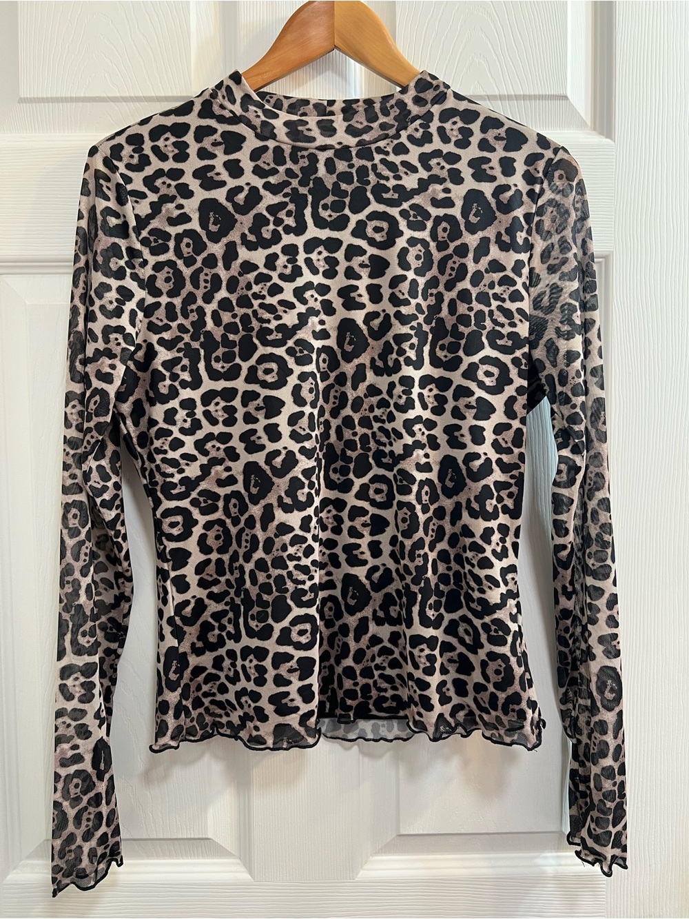 Leopard Print Long-Sleeve Mock Neck Top - Beige/Black